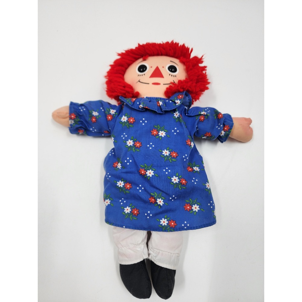 Vintage Raggedy Ann Plush Doll Red Yarn Hair Blue Floral Dress 12 Inch